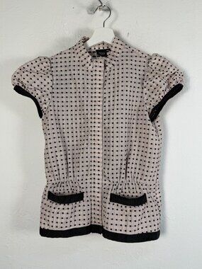 iROO Moderato Pink Black Grid Polka Dot Puff Sleeve Blouse Mock Neck Pockets 30